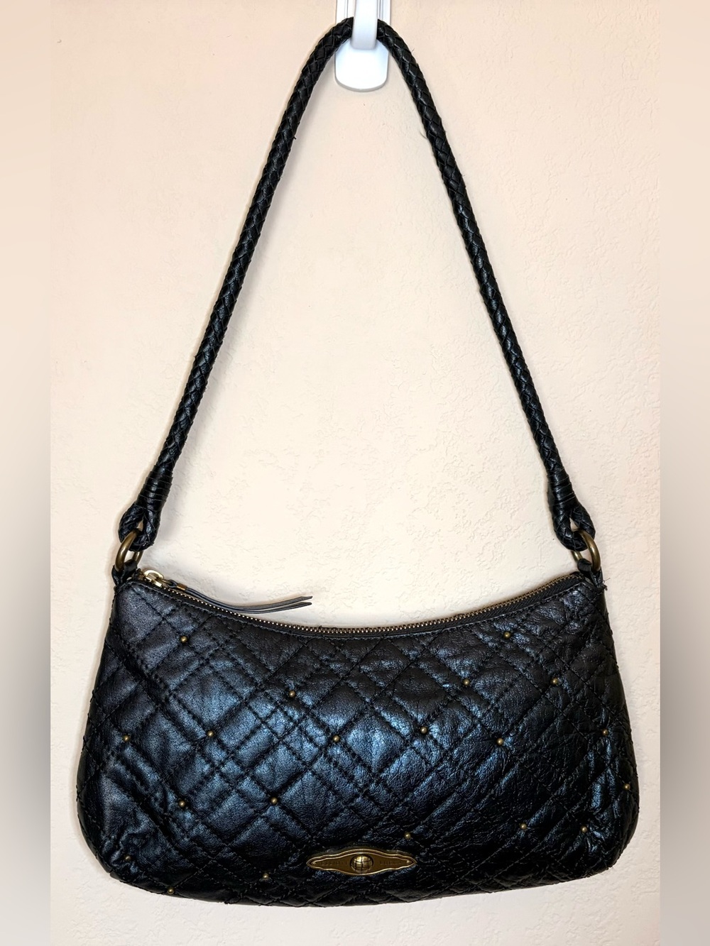 Elliott Lucca Cava Onyx Black Quilted Studded Leather Shoulder Bag